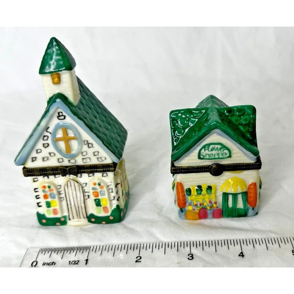 Trinket Box Church Flower Shop Bunny Rabbit Set 2 Mini Ceramic Lid Opens